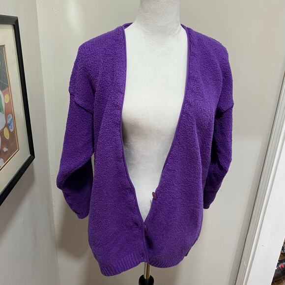 Vintage Eileen Fisher Bright Purple Cardigan Sweater Size 1 Cotton Boucle - Picture 4 of 11